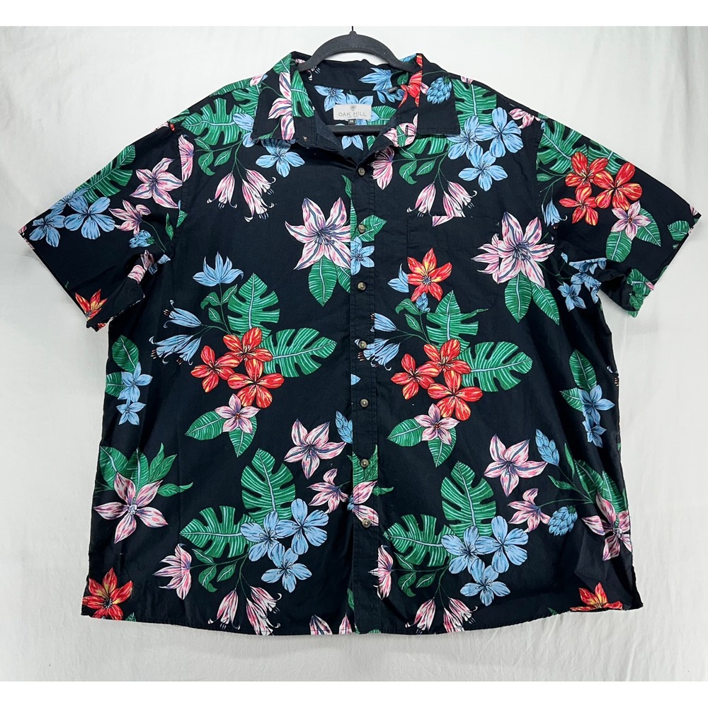 Oak Hill Mens 2XL Black Tropical Floral Cotton Short Sleeve Button Down Shirt